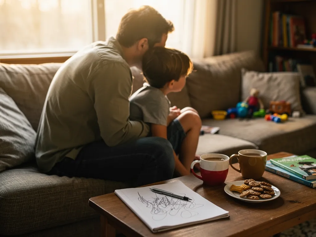 parent kneeling down to talk calmly with their upset child