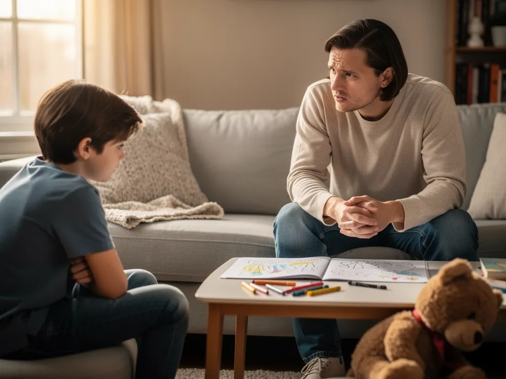 parent offering a heartfelt apology to their child at home